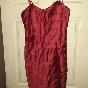 La Femme Beaded Satin Layers Prom Corset Dress RED